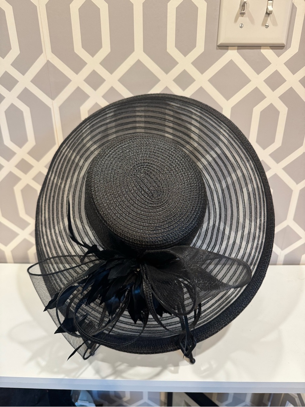 Black Women's Dress Hat with Bow and Feather Trim